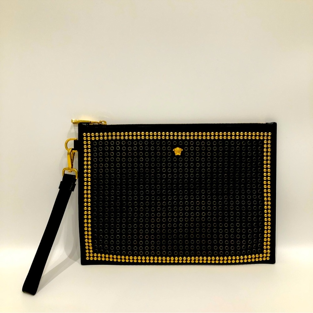 Versace Black Leather Eyelet Medusa Zippy Pouch  (Gently Used)